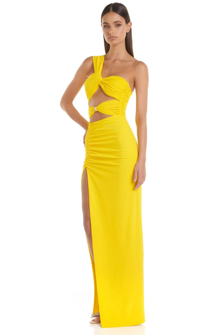 Lexi | Women’s one-shoulder maxi dress with thigh-high slit and crystal detail