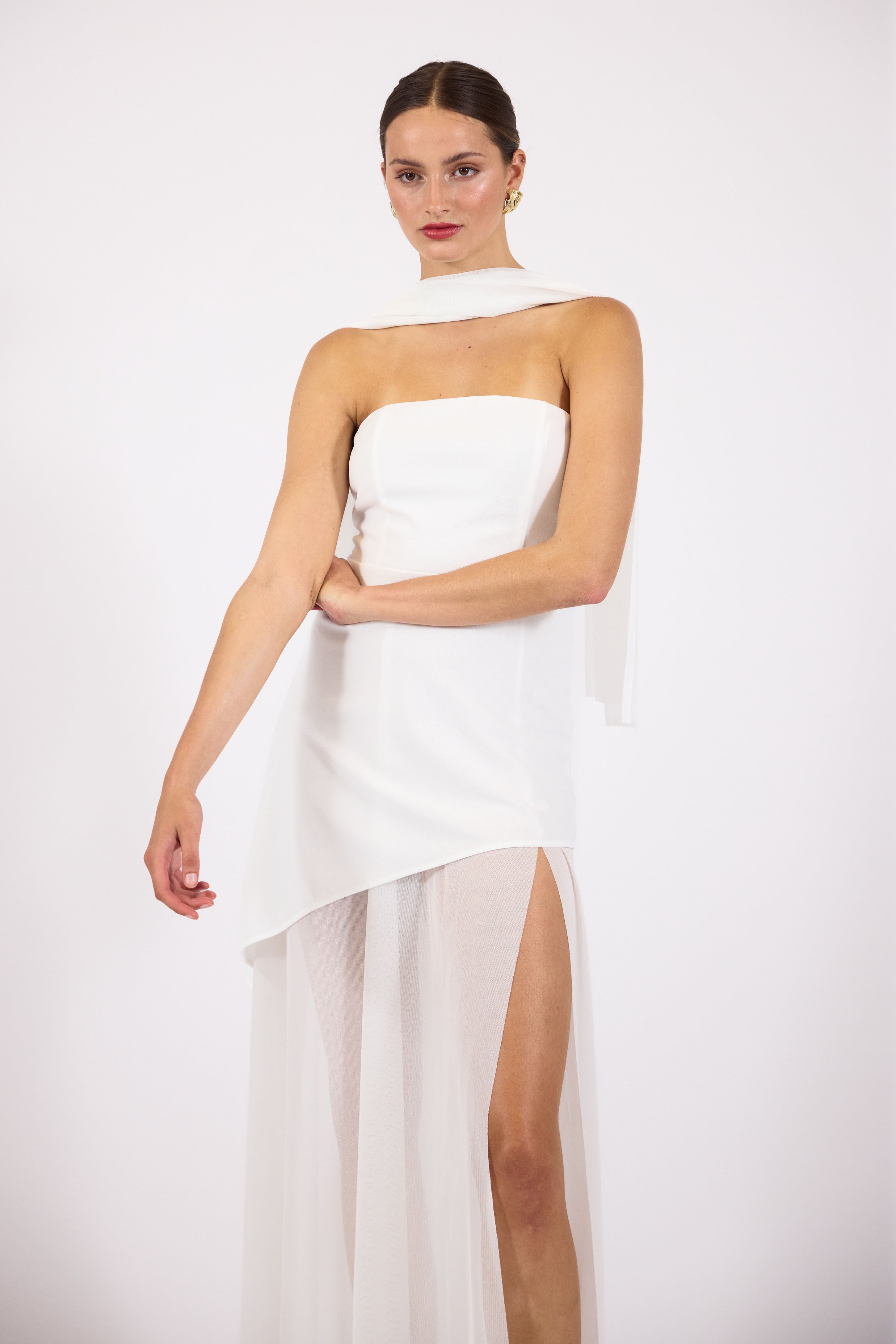 Vine | Women’s strapless maxi dress with asymmetrical overlay and sheer skirt
