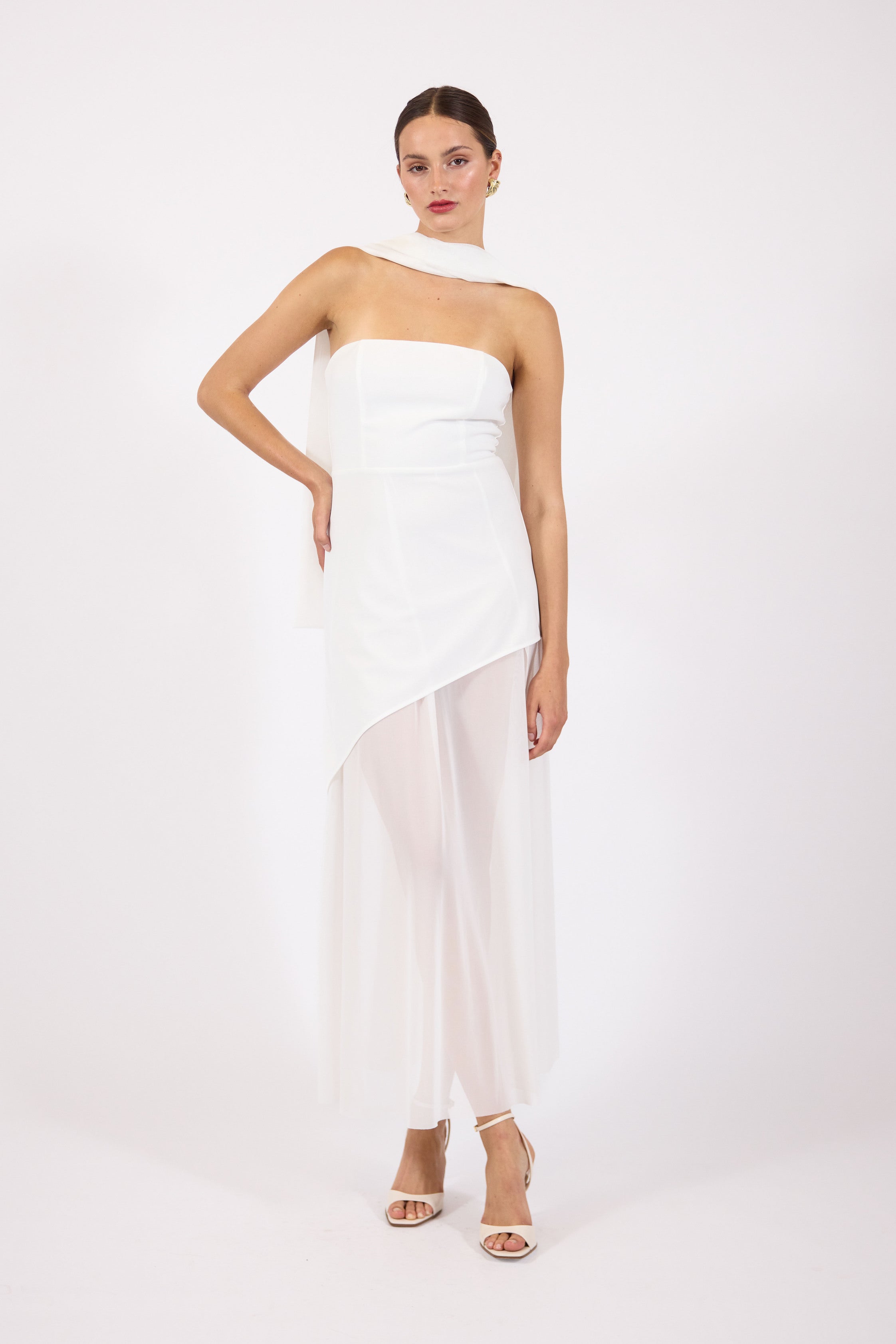 Vine | Women’s strapless maxi dress with asymmetrical overlay and sheer skirt