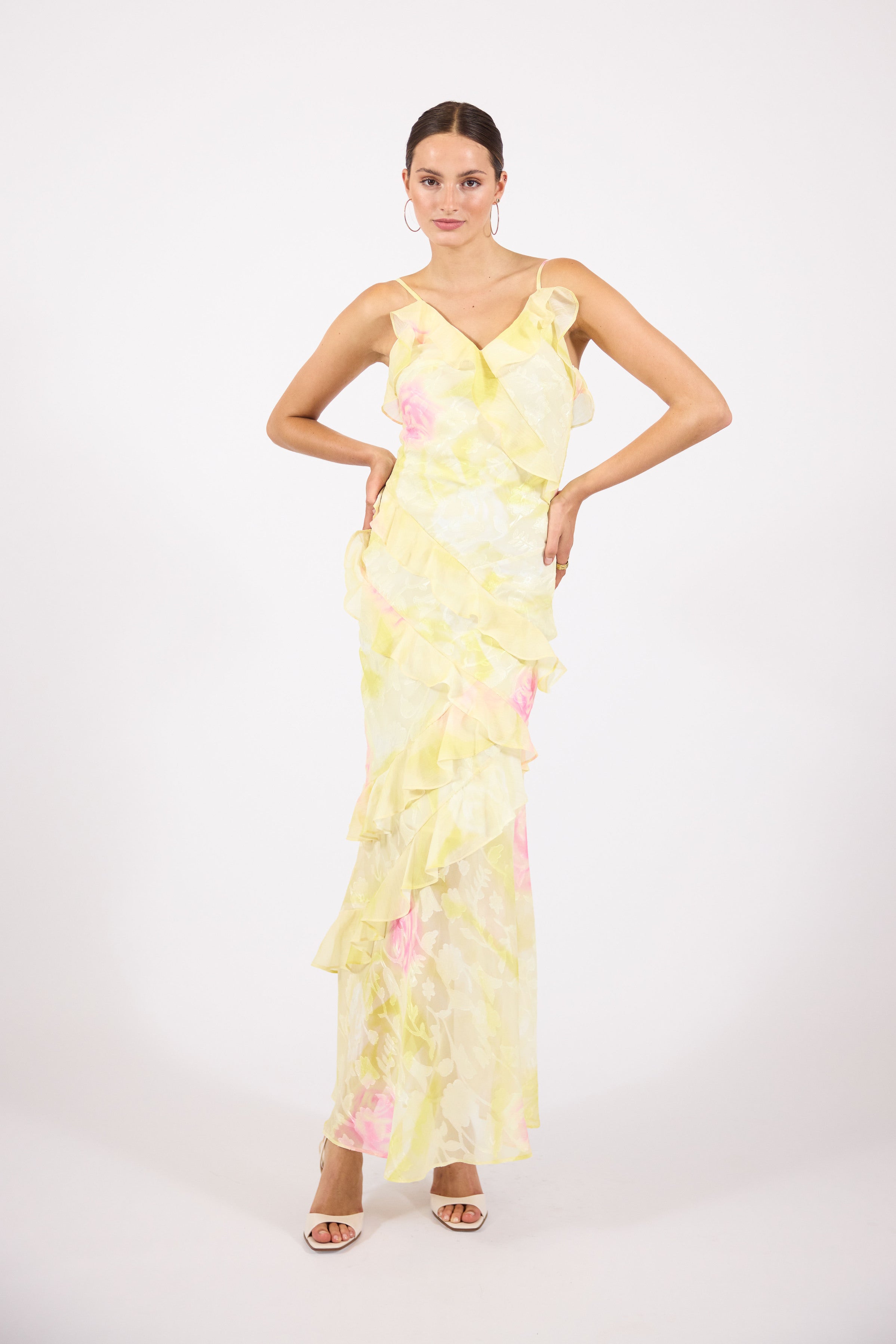 Hallie | Women’s sleeveless ruffle maxi dress with cascading detail and flattering silhouette