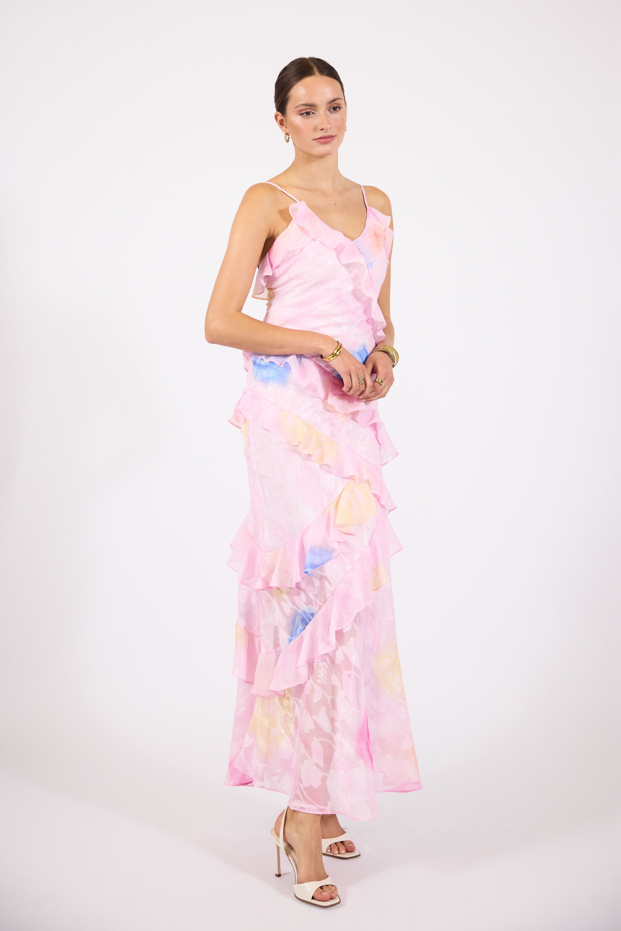 Hallie | Women’s sleeveless ruffle maxi dress with cascading detail and flattering silhouette