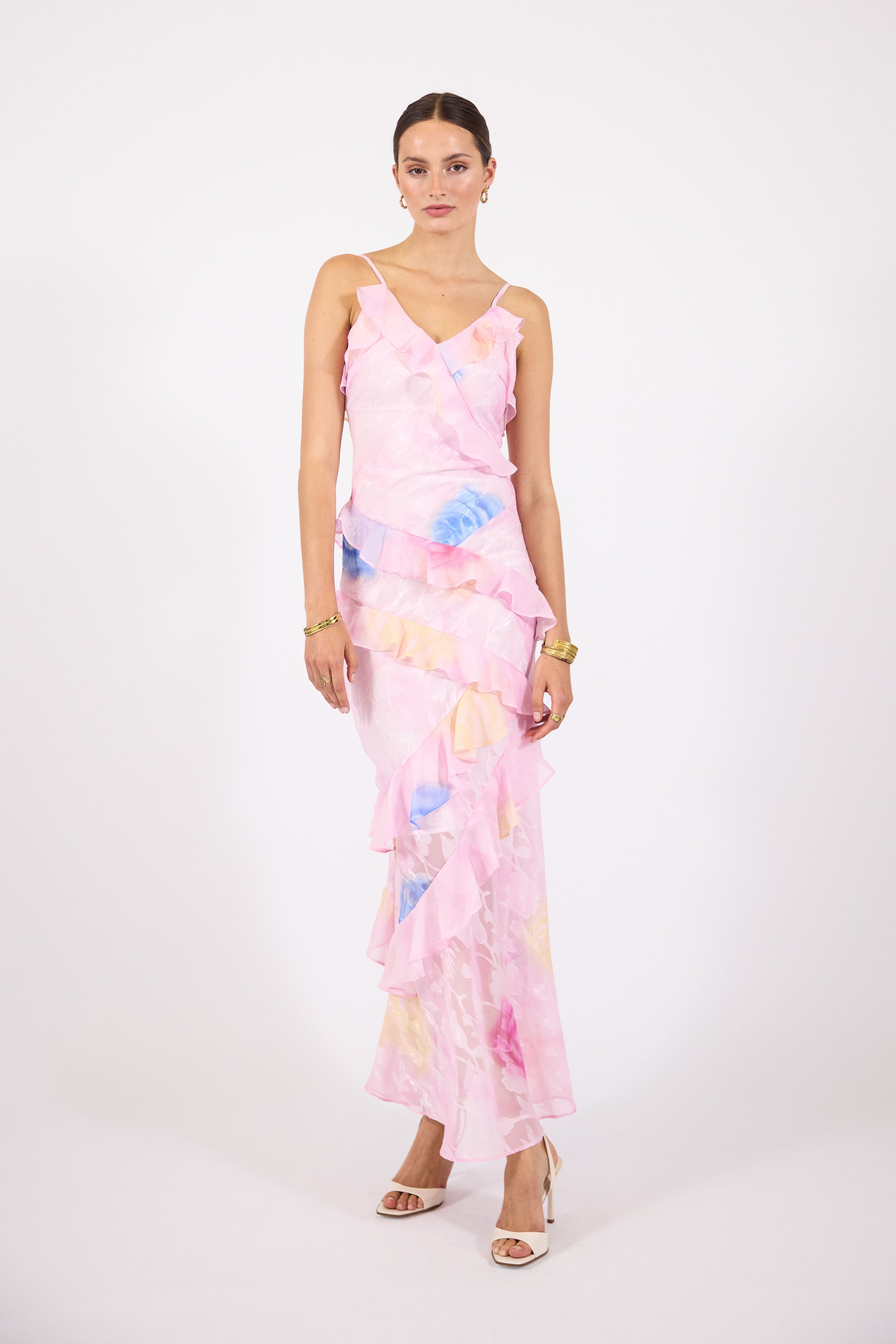 Hallie | Women’s sleeveless ruffle maxi dress with cascading detail and flattering silhouette