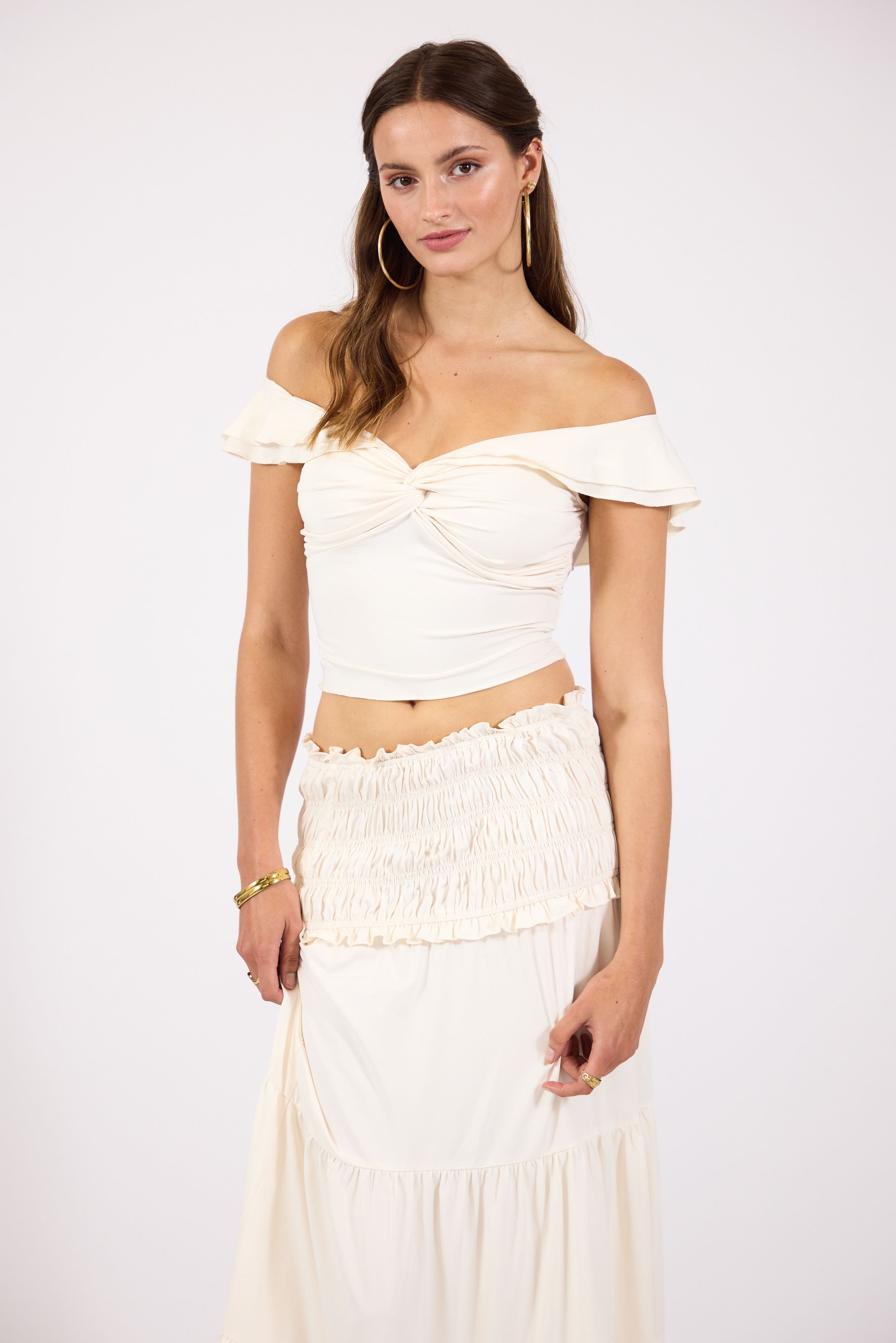 Demi | Women’s off-shoulder crop top and maxi skirt boho set with ruched detail