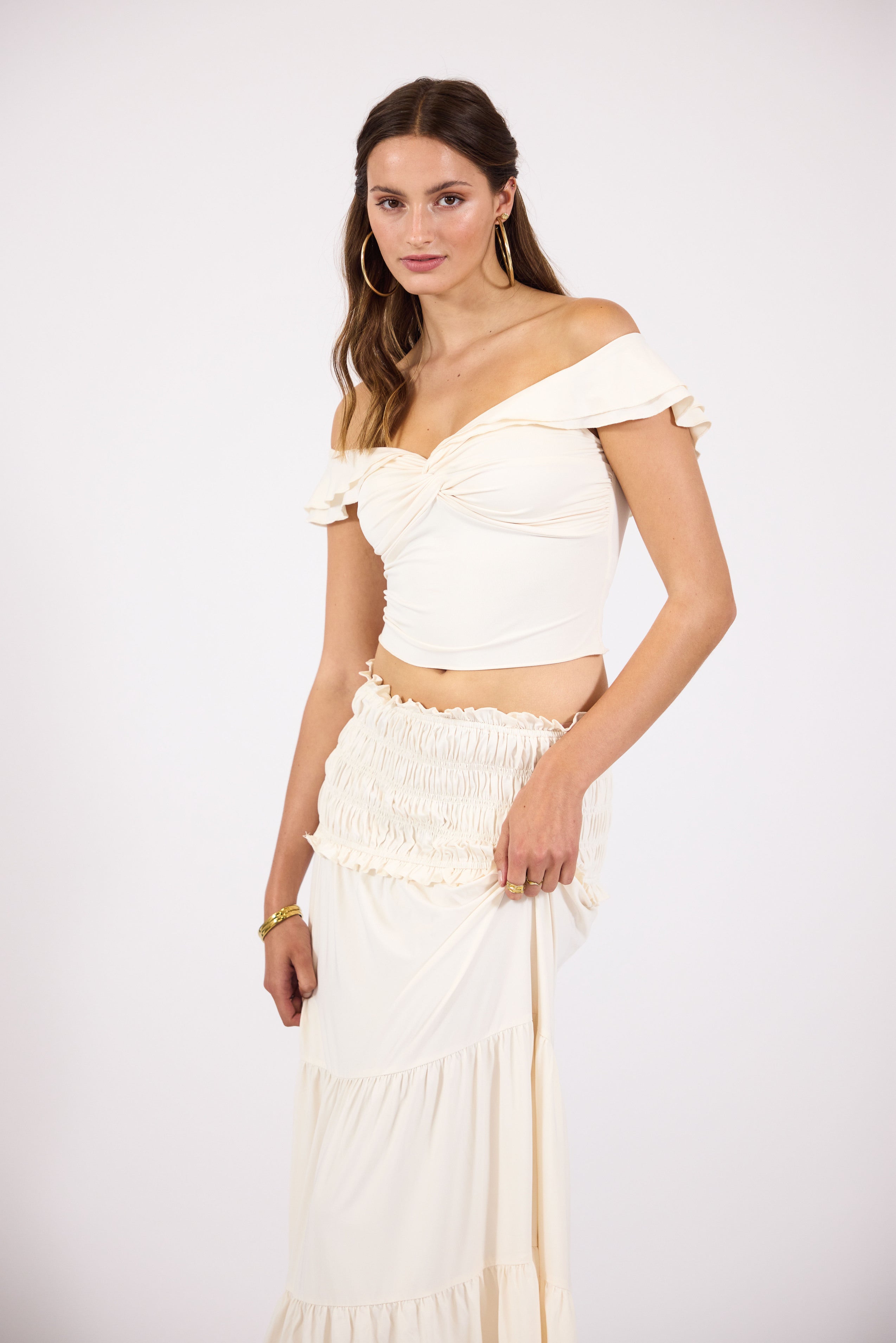 Demi | Women’s off-shoulder crop top and maxi skirt boho set with ruched detail