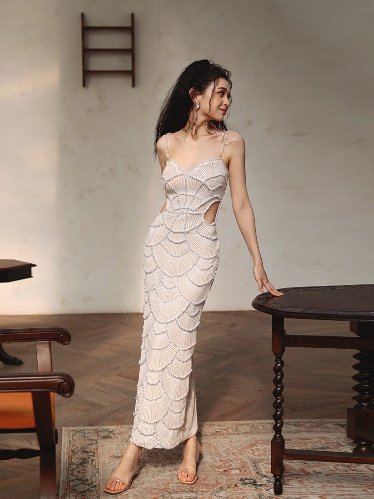 Ryleigh | Women’s midi dress with pearl sequin detail and waist cut-out