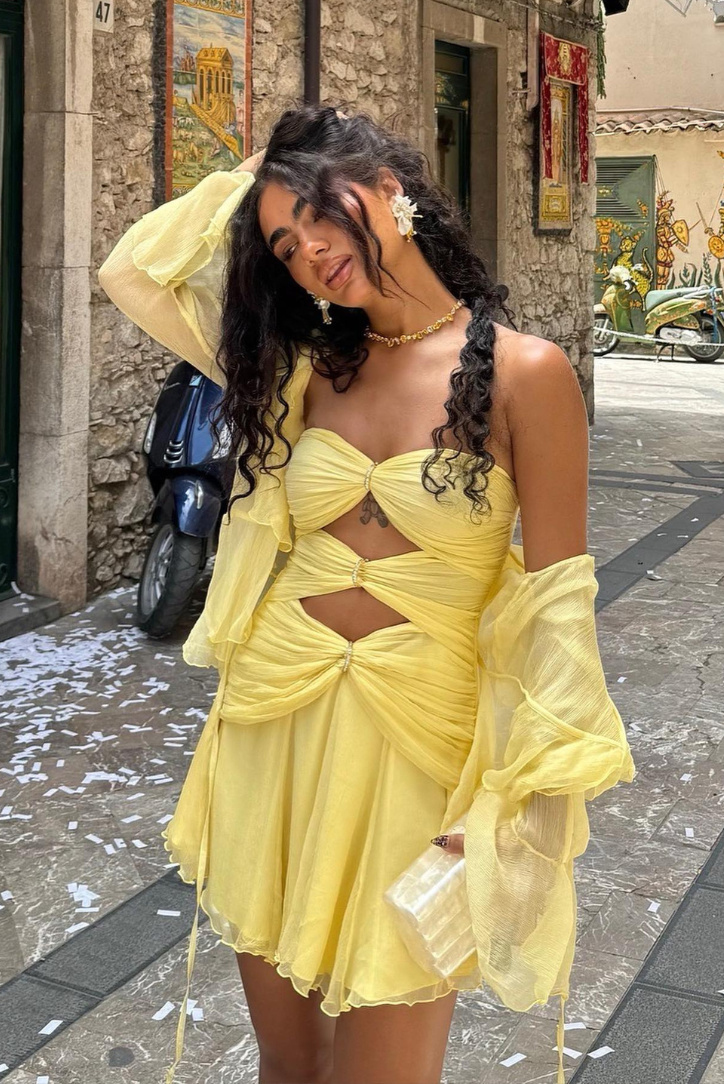 Aria | Women’s strapless mini dress with golden ring accents and irregular hem