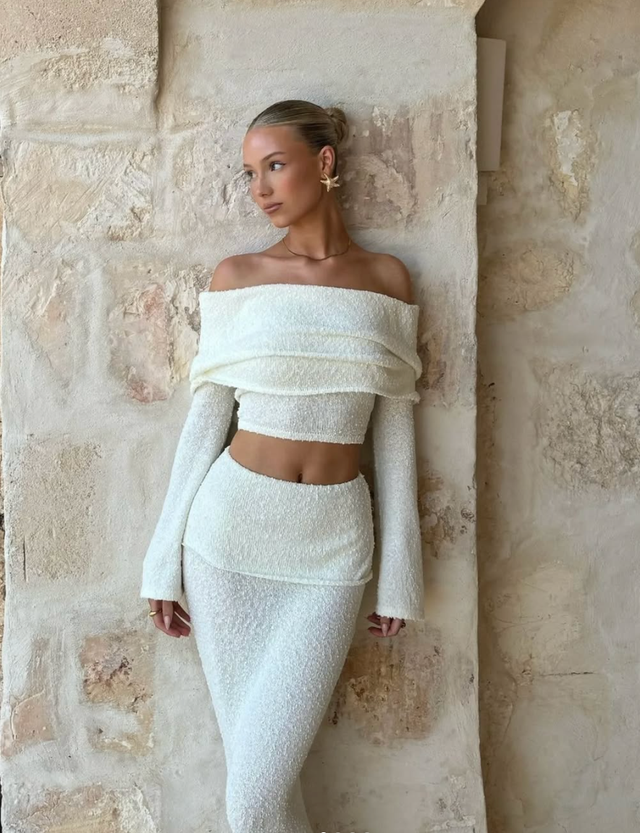 Abigail | Women’s off-shoulder knit set with crop top and long skirt