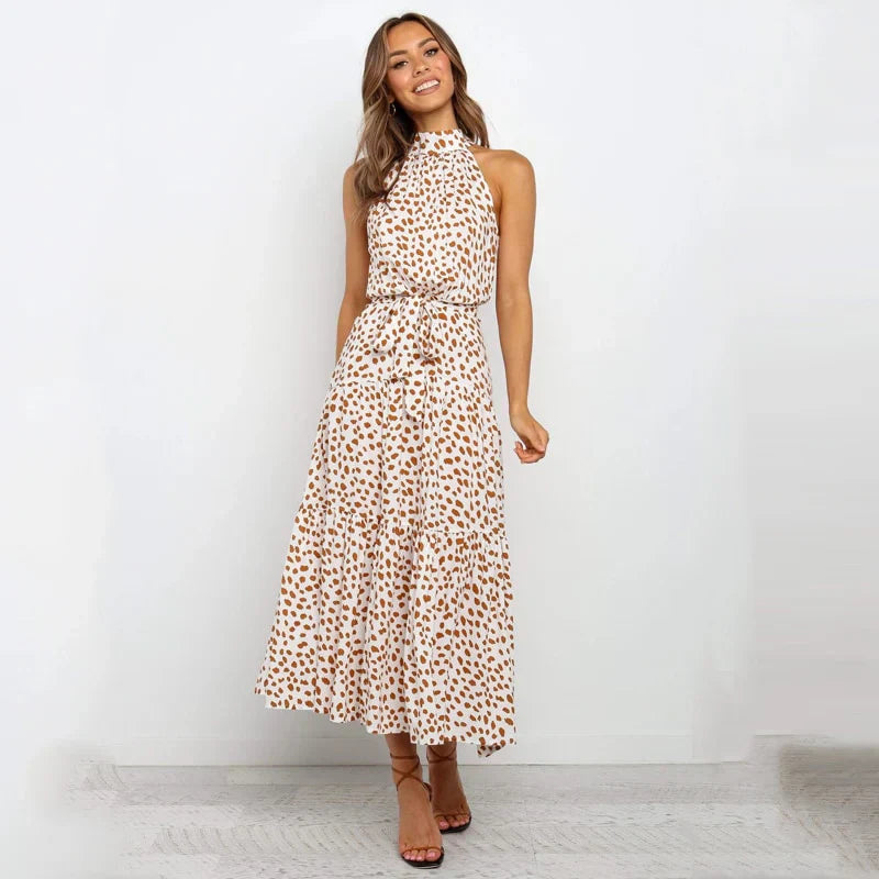 Lea | Women’s polka dot maxi dress with open back and flowing silhouette