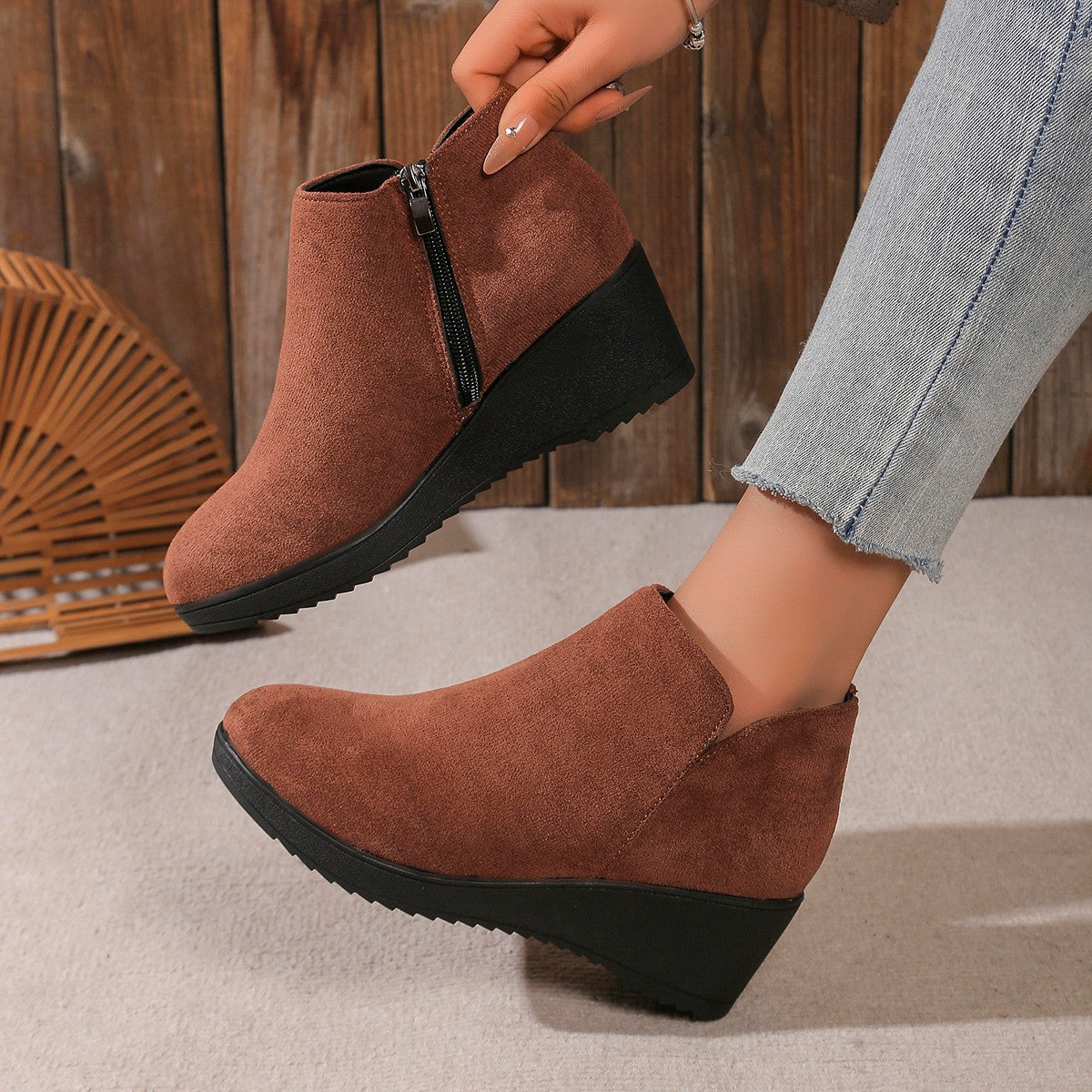 Alaya | Suede-look wedge boots with leopard flair