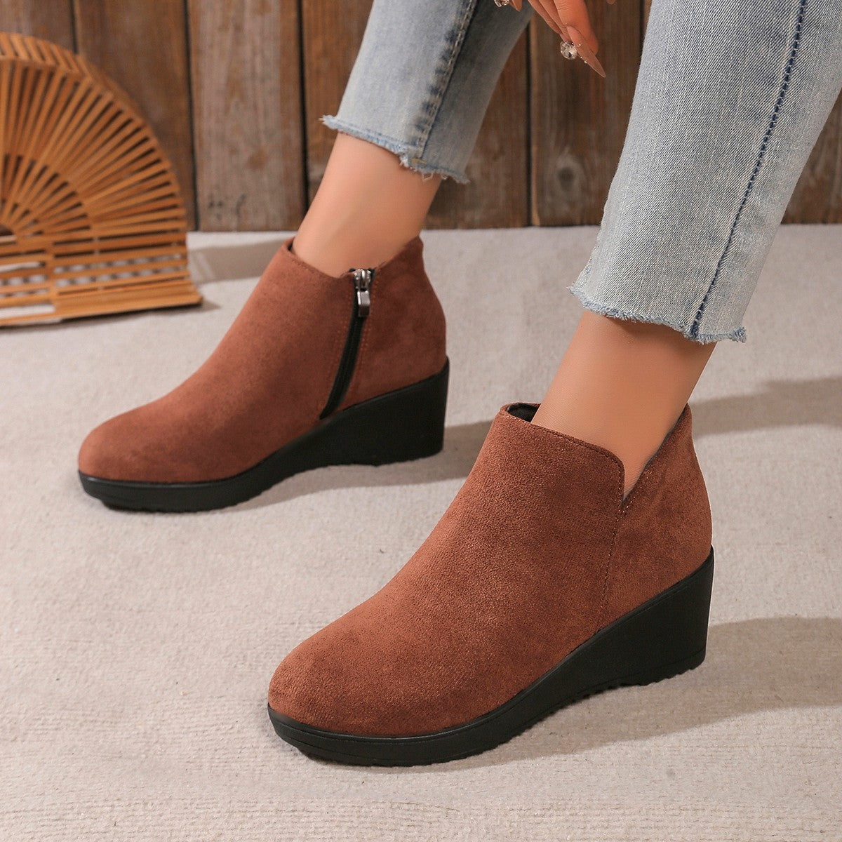 Alaya | Suede-look wedge boots with leopard flair