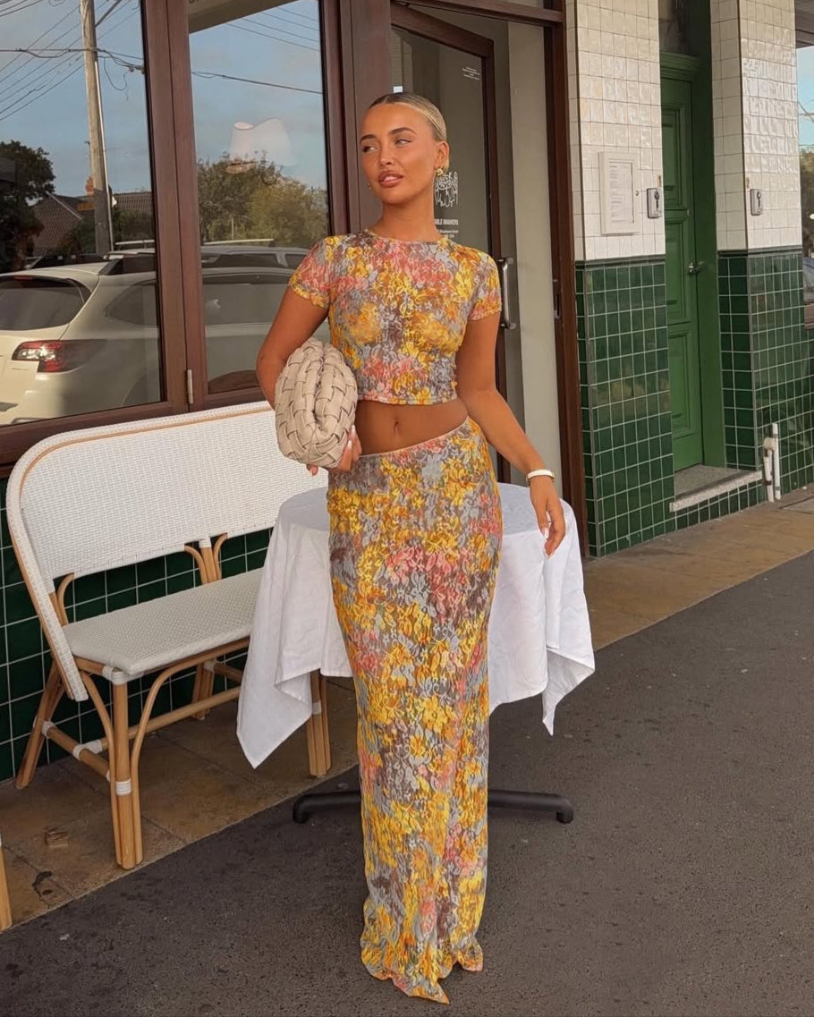 Amara | Women’s floral two piece set with cropped top and skirt