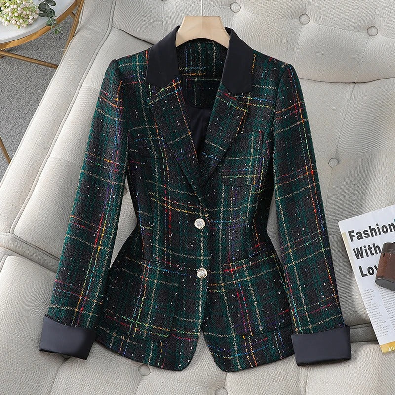 Melissa | Women’s plaid tweed blazer with notched lapels and contrast cuffs