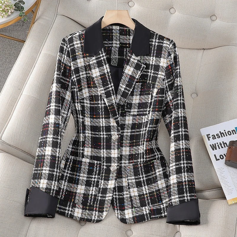 Melissa | Women’s plaid tweed blazer with notched lapels and contrast cuffs
