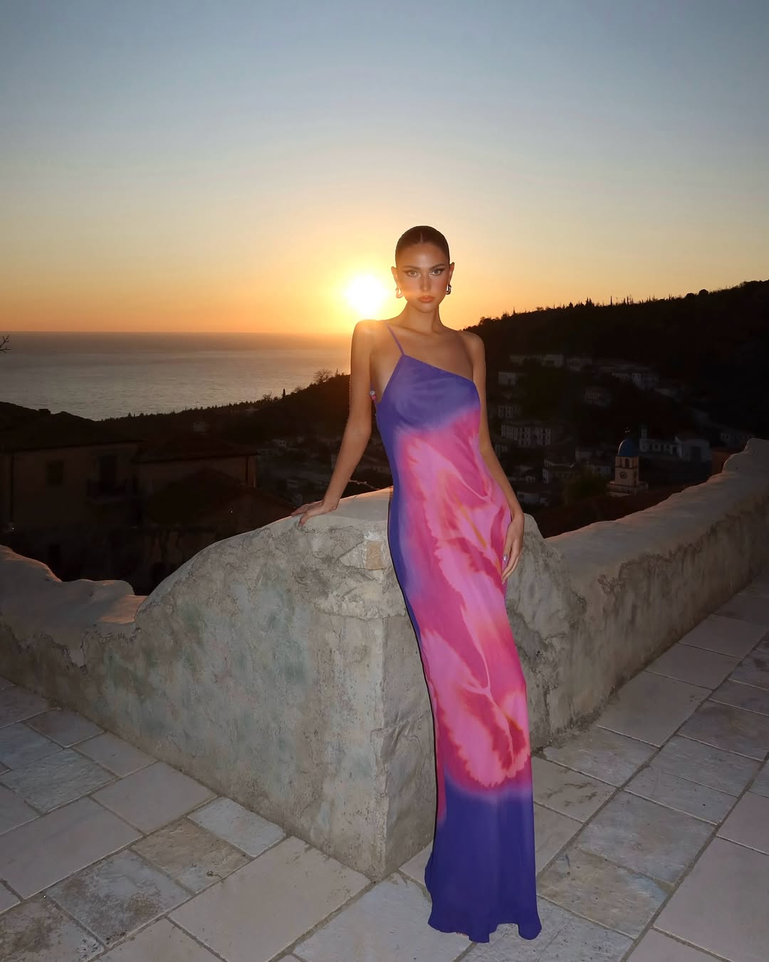 Stella | Women’s printed maxi dress with backless design and asymmetrical neckline