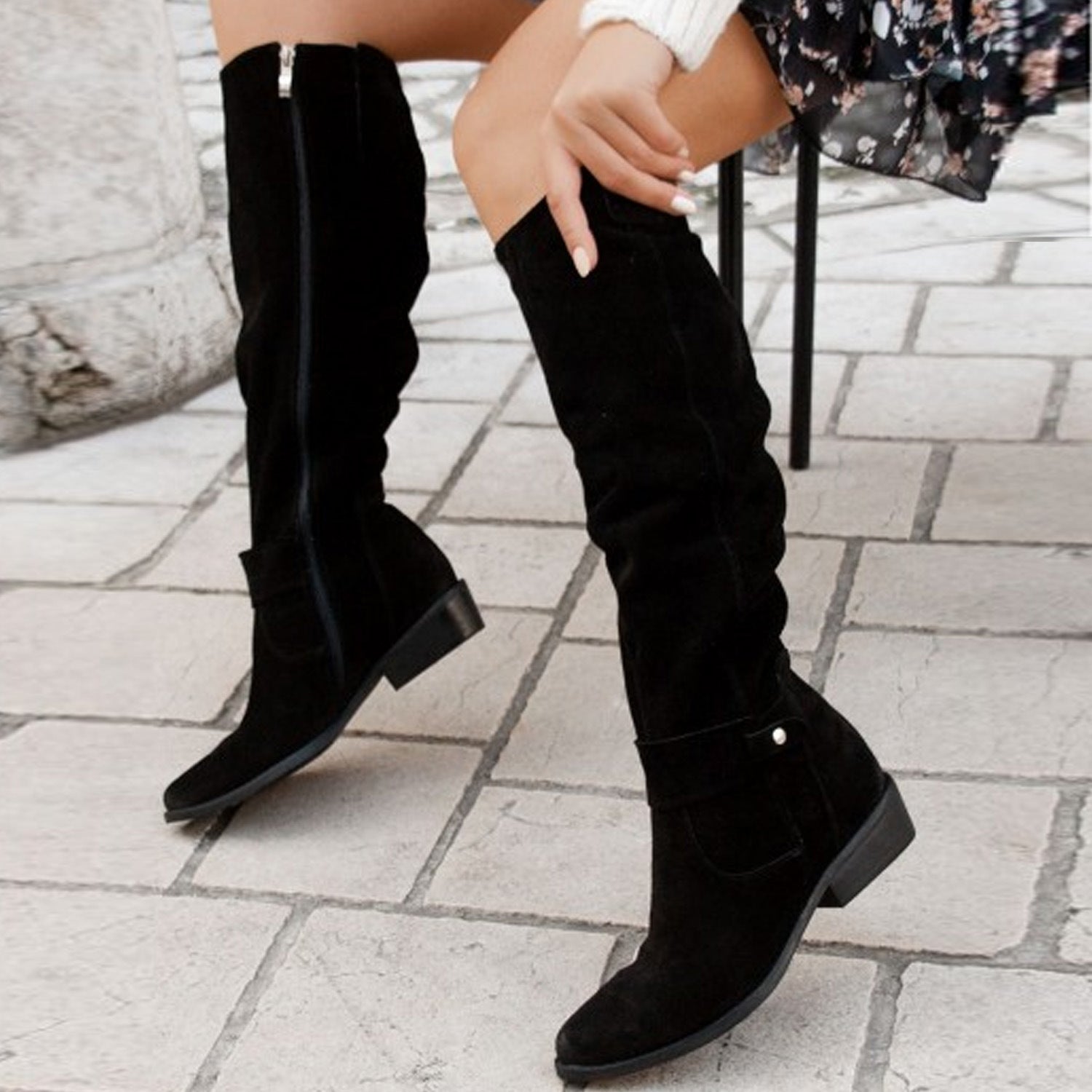 Layla | Women’s suede knee-high boots with ruched shaft and strap detail